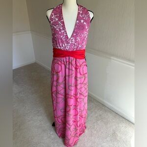 NY&C Pink Halter Dress Large NWT Floral Chain Print Smocked Waist Summer